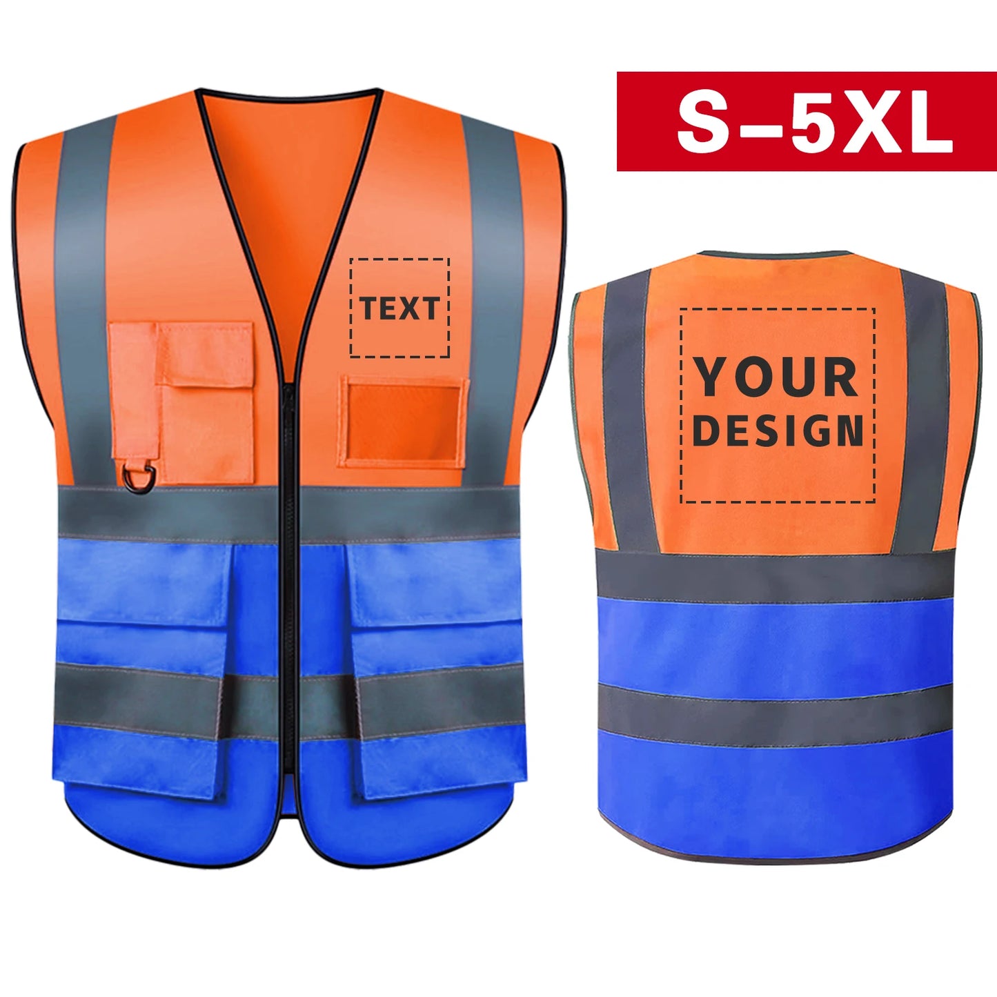 S-5XL Custom LOGO Safety Vest with Pockets and Zipper High Visibility Construction Vest Workwear