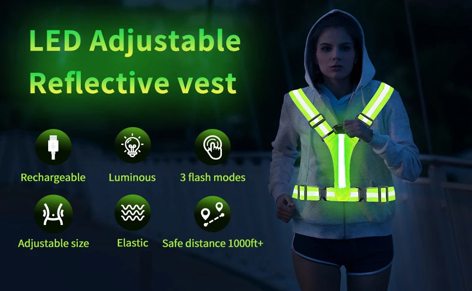 LED Reflective Vest Running Gear, 5 Lights Colors Hi Vis Reflective Gear Rechargeable Light Up Running Vest for Walking Running
